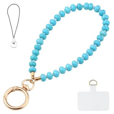 Imagem de Yeeyeow Cordão de pulso de telefone com contas de pedra natural turquesa, chaveiro de amuleto de pedra preciosa feito à mão para mulheres, chaveiro sem as mãos