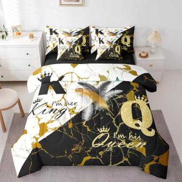 Imagem de Erosebridal Jogo de cama queen size com edredom infantil Mr. Mrs, 7 peças, cama em um saco, edredom de mármore, lençol e fronhas
