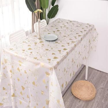 Imagem de Toalha de mesa branca descartável com estampa de coração dourada 137 x 275 cm, capa de mesa retangular de plástico para aniversários, Natal, decorações de festa de Halloween, 1 pacote de 0,03 mm