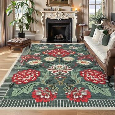 Imagem de GarveeHome Tapete floral botânico lavável, 20 x 25 cm, para sala de estar, macio, cinza, verde, vintage, boho, chalé, grande, tapete de pilha baixa para quarto, sala de jantar, berçário
