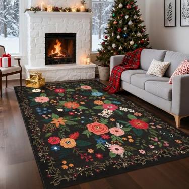 Imagem de GarveeHome Tapete floral Boho 12 x 18 cm, antiderrapante, lavável à máquina, tapetes grandes para sala de estar, quarto, casa de fazenda, sala de jantar, sala de jogos infantis, preto