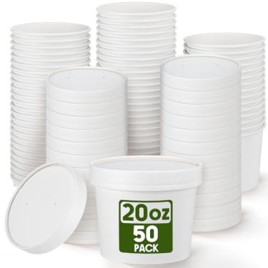 Imagem de Fulmoon Pacote com 50 recipientes de sopa de papel de 590 ml com tampas, copos de sopa descartáveis de papel kraft, tigelas de sorvete, armazenamento de alimentos com tampas, seguro para micro-ondas e