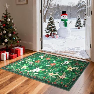 Imagem de GarveeHome Capacho floral de Natal verde 5,5 x 7,5 cm – Lavável na máquina, antiderrapante, tapete de Natal macio, com pelo baixo, floral vermelho para entrada, porta da frente, cozinha, banheiro