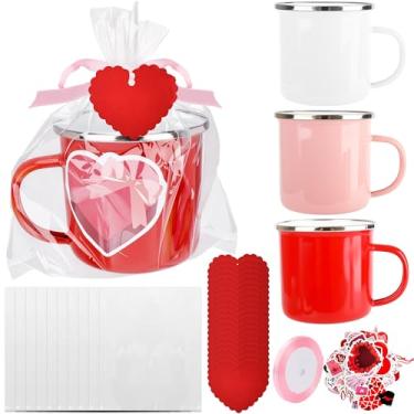 Imagem de Norcoin Conjunto de 3 peças de caneca esmaltada para o Dia dos Namorados inclui caneca de café de 340 g, fita de 22 m, adesivo de coração de amor e saco de embrulho de etiqueta para presente de dia