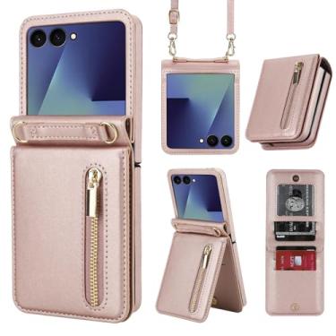 Imagem de Capa carteira para Motorola Razr 60, bolso com zíper e compartimentos para cartões, cordão e suporte, estilo fólio fino com recortes precisos e fecho magnético para uso diário e viagens (ouro rosa)