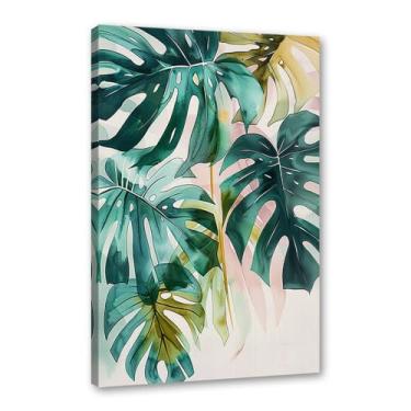 Imagem de Arte de parede de folhas tropicais – Impressão de folha de palmeira verde aquarela, pôster Monstera, decoração de plantas tropicais modernas para sala de estar em casa (SKU1,30.5 x 45.7 cm = (30 x 45
