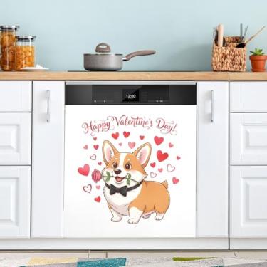 Imagem de ATTX Capa magnética para lava-louças Corgi dos Namorados | Adesivo decorativo de eletrodomésticos de 58 x 66 cm para armários domésticos e eletrodomésticos #388