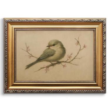 Imagem de Reateforin Arte de parede vintage com moldura dourada de pássaros rústicos primavera pintura de pássaros decoração de parede aquarela flor de cerejeira impressão floral tela arte de fazenda para
