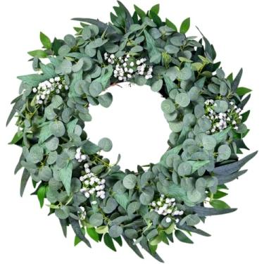 Imagem de Guirlanda de eucalipto para porta da frente em todas as estações, guirlanda de vegetação primavera verão de 56 cm para varanda, decoração moderna de casa de fazenda de seda artificial para ambientes
