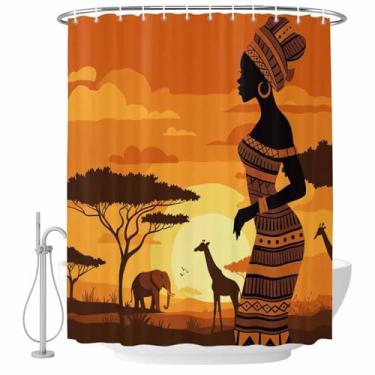 Imagem de Black Africa Cortina de Chuveiro Feminina Girafa Elefante Montagem Laranja Pôr do Sol Conjunto de Cortinas de Chuveiro Tecido Impermeável Cortina de Banho para Banheiro Decoração de Banheira