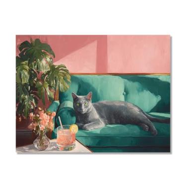 Imagem de Gato preto com Martini impressão de arte fofo gato peculiar coquetel bar decoração moderna casa cozinha arte de parede pintura em tela pôster estética (SKU9,27.9x35.6 cm = (28x35 cm), sem moldura)