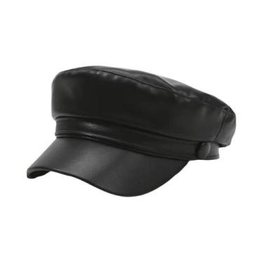 Imagem de Boina Feminina De Couro Cor Sólida Retrô Com Topo Plano, Chapéu De Pes