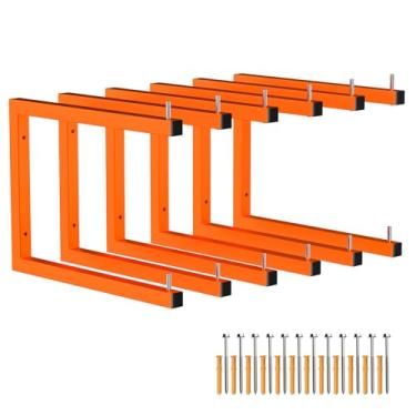 Imagem de Asxevn Pacote com 6 prateleiras de madeira | Armazenamento de madeira montado na parede | Rack de madeira resistente de 6 camadas | Organizador de madeira de metal para garagem com capacidade de 544