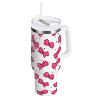 Imagem de SEHANY Copo fofo com laço rosa de 1,134 g com alça, copo isolado de aço inoxidável a vácuo de parede dupla, à prova de vazamento, caneca de café isolada para viagem cabe no suporte de copo de carro