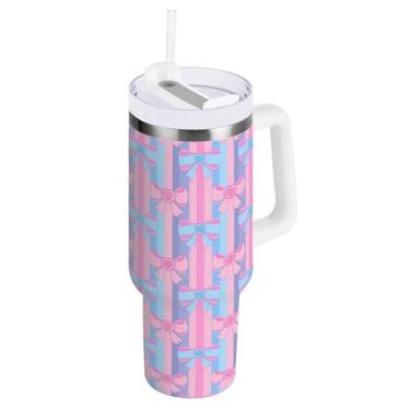 Imagem de SEHANY Copo fofo com laço rosa de 1,134 g com alça, copo isolado de aço inoxidável a vácuo de parede dupla, à prova de vazamento, caneca de café isolada para viagem cabe no suporte de copo de carro
