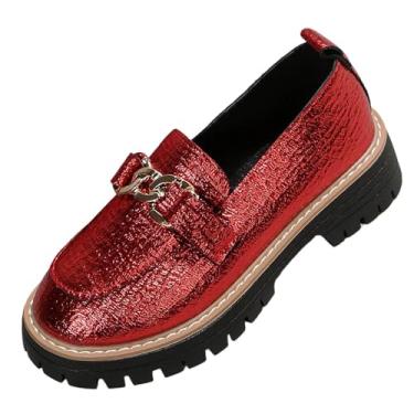 Imagem de Mocassins femininos casuais, bico redondo, fivela de metal, sola grossa, salto médio, versátil, confortável, para uso externo e interno, Vermelho, 35