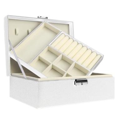 Imagem de Elegante organizador de joias preto e branco bloqueável para mulheres - Suporte de exibição de 2 camadas para brincos, anéis, colares, pulseiras - Solução de armazenamento durável