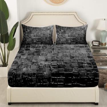 Imagem de Homewish Jogo de lençol Queen cinza quadrado quadriculado geométrico, pintura a óleo, arte moderna, ultramacio, respirável, 3 peças, para crianças, adolescentes e meninos