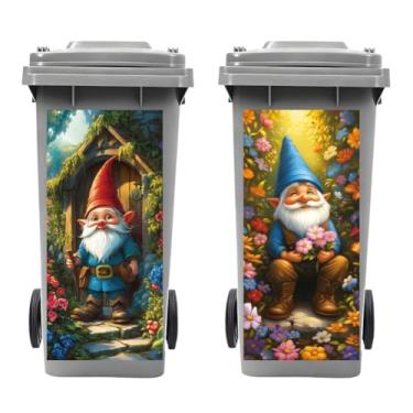 Imagem de Peacoblue Adesivos para lixeira Wheelie com 2 folhas de gnomo com flores, adesivos pegajosos para caixote do lixo, 38 cm x 81 cm, à prova d'água, envoltórios grandes para lixeiras, garagem, jardim