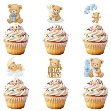 Imagem de 36un Ursinho Baby Shower Toppers Cupcakes, 6 Desenhos Urso Azul Palitos Cupcake Seleção Tema Animal Selva Decorações Bolo para Baby Shower Revelação Gênero Batizado Aniversário Festas