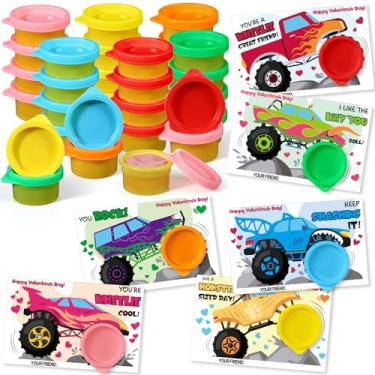 Imagem de Seenelling 24 Sets Valentines Modeling Clay with Cards, Valentine's Day Gift for Teenager, 6 Punch Card Set with Sealed Bags, Valentine Goodies Bag Filler Classroom Gift Exchange(Truck Themed)