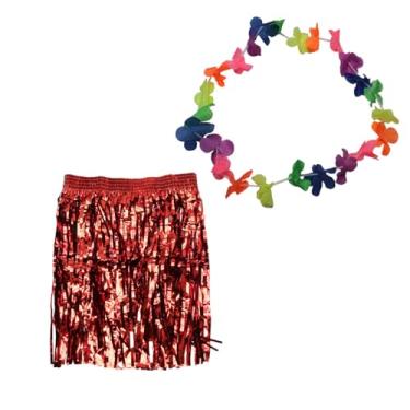 Imagem de Kit Fantasia de Carnaval Colar Saia Havaiana 60x40 Vermelha