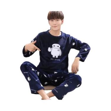 Imagem de Pijamas De Fleece Coral Masculinos Com Gola Redonda E Manga Longa, Con