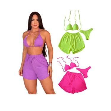 Imagem de Kit 3 Biquíni Com Short Malha Canelada Brilhante Premium - Praia - mod