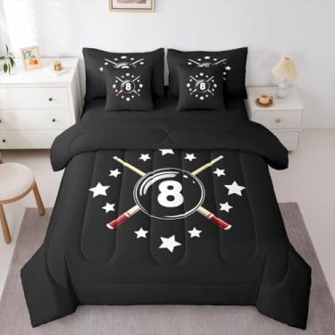 Imagem de Erosebridal Jogo de cama de bilhar, 7 peças, estampa de estrelas, solteiro, com lençol com desenho animado de bola de bilhar, taco de bilhar, cama simples em um saco, bola, jogos esportivos, preto e