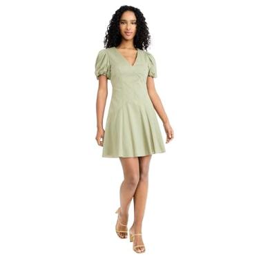 Imagem de Donna Morgan Vestido feminino elegante com decote em V e manga bufante para convidados de casamento e festa de verão, Verde óleo, 44