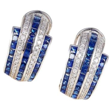 Imagem de Lindos brincos de argola de zircônia cúbica azul/branca para mulheres, joias de casamento, One, Metal, Zircônia cúbica