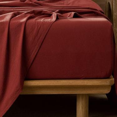 Imagem de MooMee Lençol de baixo com elástico 100% algodão lavado, como textura, respirável, durável, macio, confortável, bolso profundo cabe em colchões de até 43 cm (vermelho tijolo sólido queimado, King)
