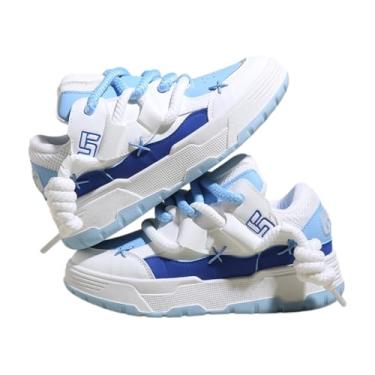 Imagem de Tênis feminino Y2K para caminhada, sola grossa, plataforma plana, estilo kawaii, Azul, 38