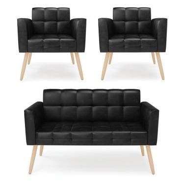 Imagem de Kit 1 Sofá Namoradeira E 2 Poltronas Elisa Corano Preto Pés Palito Natural - D'rossi