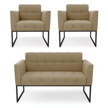 Imagem de Kit 1 Sofá Namoradeira E 2 Poltronas Suede Marrom Rato Base Metálica Industrial Preto - D'rossi