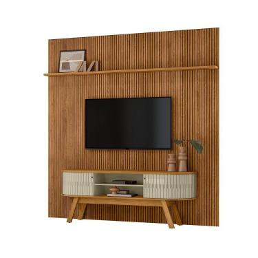 Imagem de Painel Tv 75 Pol 238cm Ripado Kalven Com Rack Bancada Enzari M20 - D'rossi Cumaru(fosco)-opala(brilho)