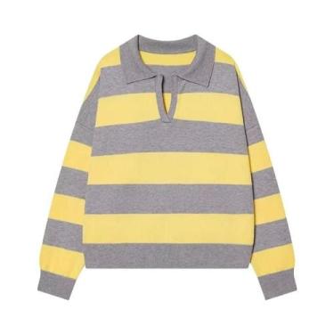 Imagem de Suéter Feminino Vintage Listrado De Tricô Com Gola Polo E Manga Longa,