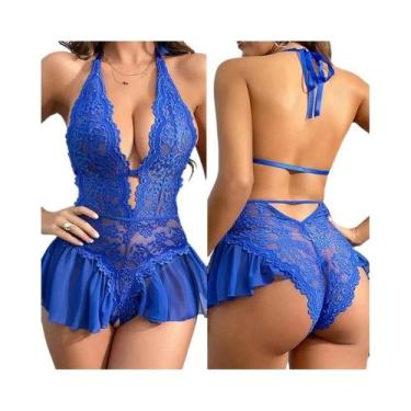 Imagem de Body Transparente Azul Com Renda E Decote Em V, Lingerie De Uma Peça P