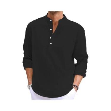 Imagem de Camiseta Masculina De Linho E Algodão De Manga Longa Leve Respirável C