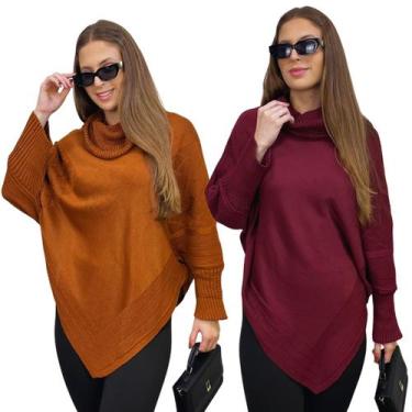 Imagem de Kit 2 Ponchos Bico Feminino Capa Tricô Mousse Liso Gola Alta Inverno C