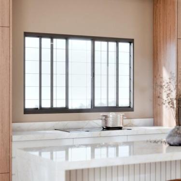 Imagem de Janela de Aço de Correr Central 4 Folhas com Grade Quadrada e Fecho Em