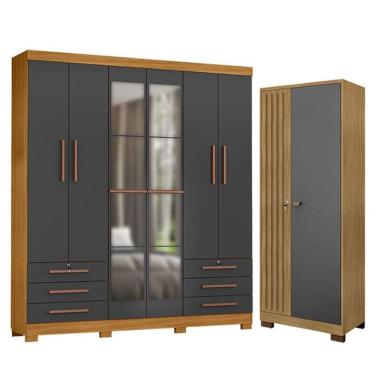 Imagem de Guarda Roupa Casal Londres Com Espelho E Armário Multiuso Versatile Carvalho Americano Grafite - Incorplac