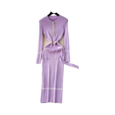 Imagem de Vestido Feminino Chique De Tricô Para Outono/Inverno Com Cinto Elegant
