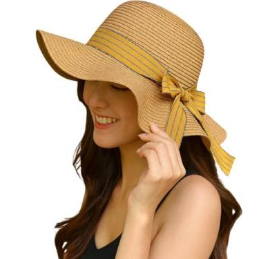 Imagem de Chapéu Praia Feminino Guarda Sol Verão Marrom Laço Amarel - anjo da ma