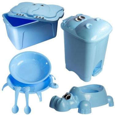 Imagem de Kit Infantil Comedouro Tartaruga + Troninho Hipopotomo + Lixeira Hipop