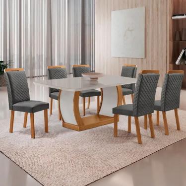 Imagem de Conjunto de Jantar Milena 6 Lugares Tampo MDF com Vidro Serigrafado Cadeiras Lorena Linho Off White 180CM Moderna