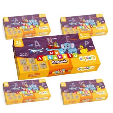 Imagem de COMP Kit 5 Brinquedo Educativo Alfabeto Ilustrado 26 peças de Madeira 