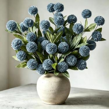 Imagem de WILD WORKS Flores artificiais de crisântemo, 10 hastes de seda sintética com hastes dobráveis, decoração de centro de mesa de casamento no outono, enchimentos de buquê DIY (azul empoeirado)