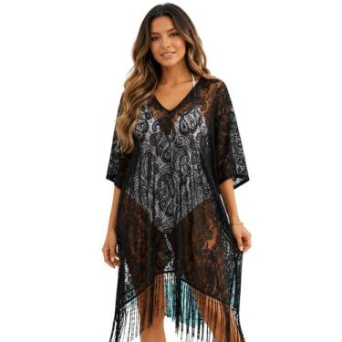 Imagem de Saída De Praia Feminina Renda Franjas Kimono Verão Piscina - - anjo da