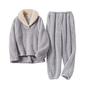 Imagem de Elonglin Conjunto de Pijamas Feminino Quente Top com Capuz Calças Compridas com Bolsos para Casa Pijamas de Flanela Lã de Coral para Mulheres Cinza XGG